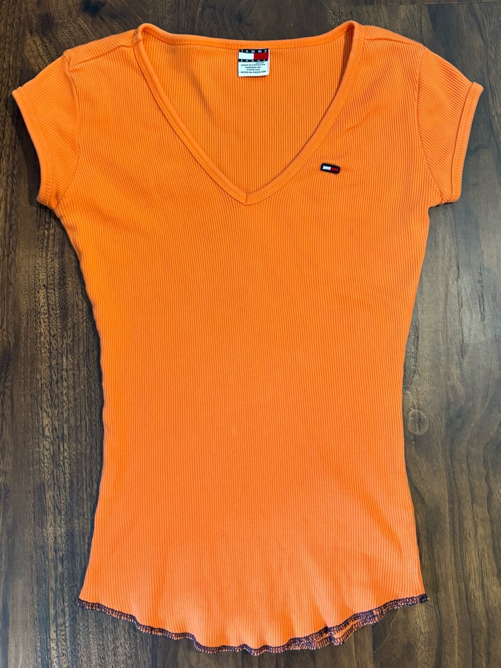 Tommy Hilfiger Orange Ribbed V-Neck Short Sleeve Tee 100% Cotton